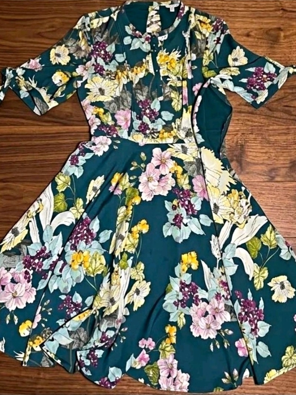 Guess Teal Floral Midi Dress with Pink Yellow Blooms- S